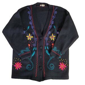 Vintage Hillary Paige‎ Cardigan Sweater Womens Large FlowersV-neck Art to wear